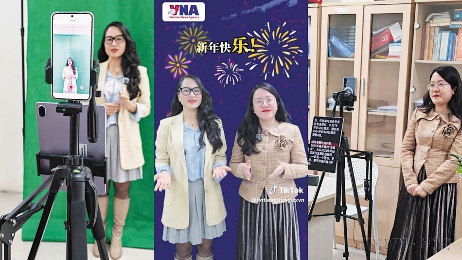 Hai biên tập viên tiếng Trung Quốc Lưu Thùy Dung và Từ Bích Ngọc (TTXVN), quay video đăng trên nền tảng TikTok nhân dịp đầu Năm mới 2026. (Ảnh: TTXVN)